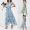 Maxi Dress V-neck Ruffle Short Sleeve Waist Tight High-waist Women Flowy Hem Sweet Floral Print Chiffon Female Clothing