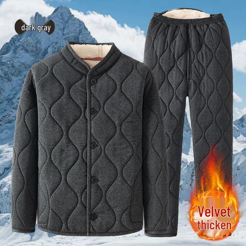 Elderly Men's Fleece-Lined Cotton Jacket & Pant Set - Warm Camel Hair Finish
