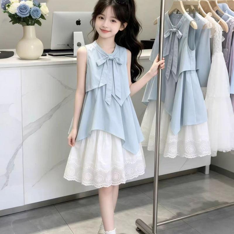 Summer Girls French Sweet Bow Sleeveless Dress Medium Large Kids Princess Fairy Sundress