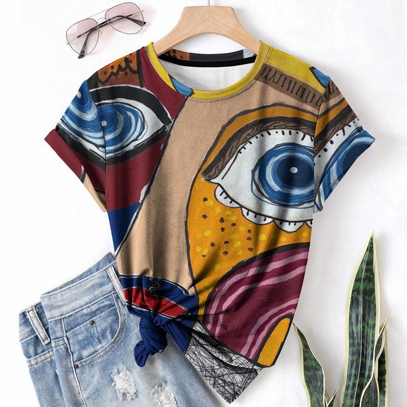 T-shirt da donna estiva a girocollo a maniche corte con motivo astratto stampato in 3D, artistica, leggera, casual e alla moda