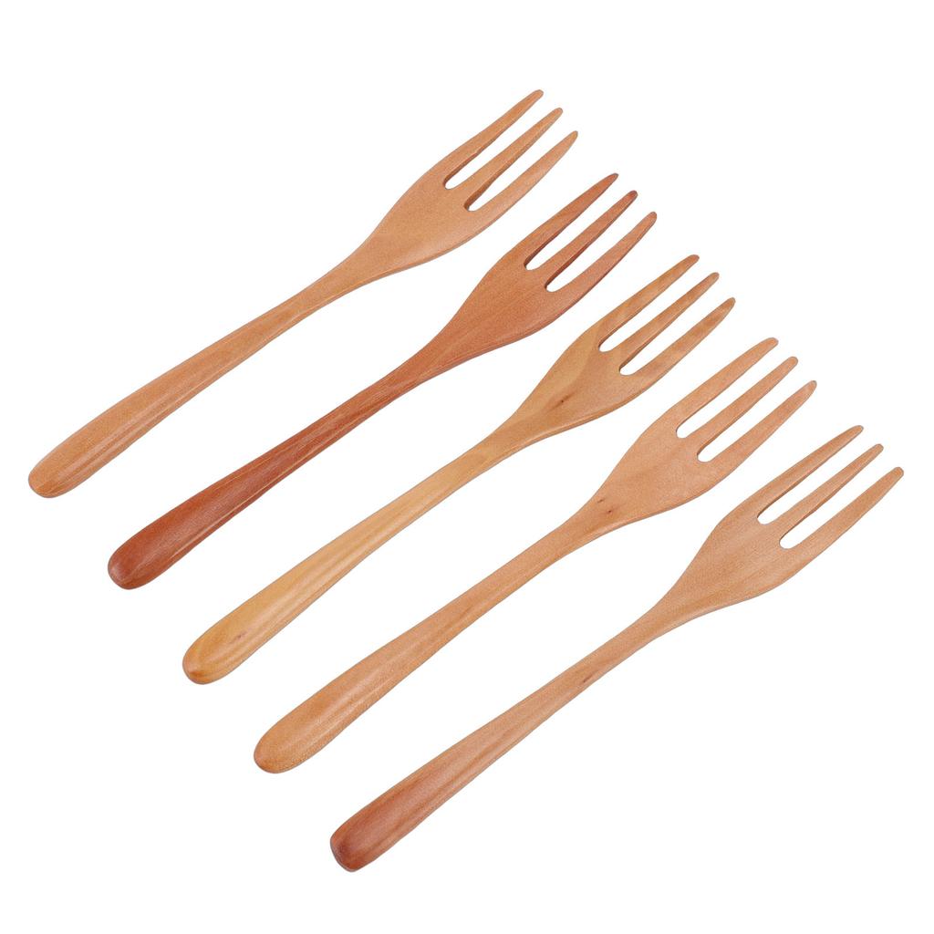 5PCS Wooden Forks Set 7.5 Inch 3 Prong Reusable Japanese Salad Dinner Forks Wood Flatware for Eating Stirring