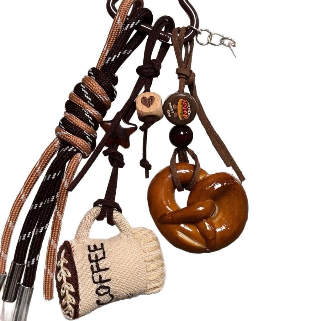 Brown Lye Bread Pendant Keychain with Coffee Doll Climbing Rope - Autumn/Winter Decorative Bag Charm