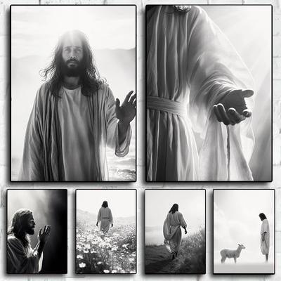 Black and White Jesus Faith Cross On Hill Poster Print Canvas Painting Modern Religious Wall Art Picture for Room Home Decor