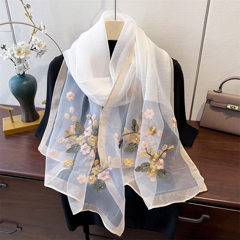 Silk Feeling Women Scarf Shawls Lady Wraps Bufanda Floral Pashmina Embroidery Scarves  Hijab Solid Long Female Bandana