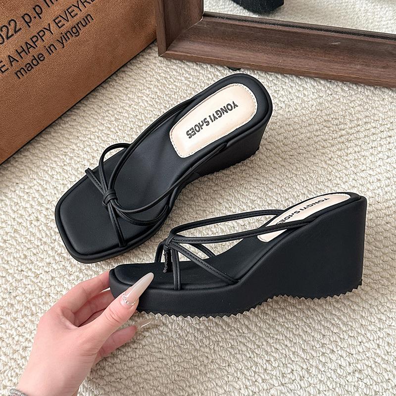 Designer Summer Women Wedges Heel Clip Toe Slippers Concise Narrow Band Slide Ladies Outdoor Party Dress Sandalias