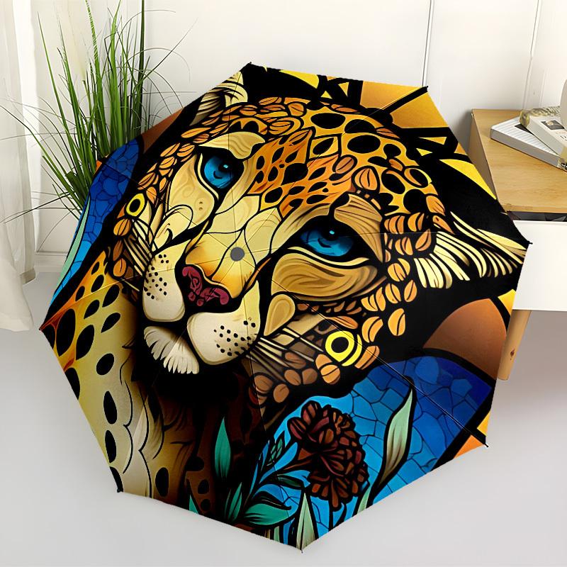 1PC Cheetah StainedGlass Automatic Folding Umbrella - Compact 8-Rib Design, Durable Plastic & Iron, Lightweight for Outdoor Daily Use, Festive Gift046