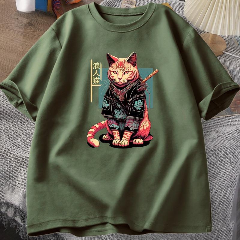 Japanese Samurai Cat Tattoo Graphic T Shirt Kawaii Ninja Cat TShirt Print Cotton Short Sleeve Tshirt Unisex Clothing Top Camisetas