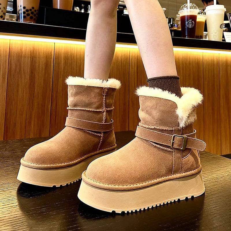 Women's lightweight belt thick sole winter warm one-step snow boots padded lining non-slip wear casual sports cotton boots