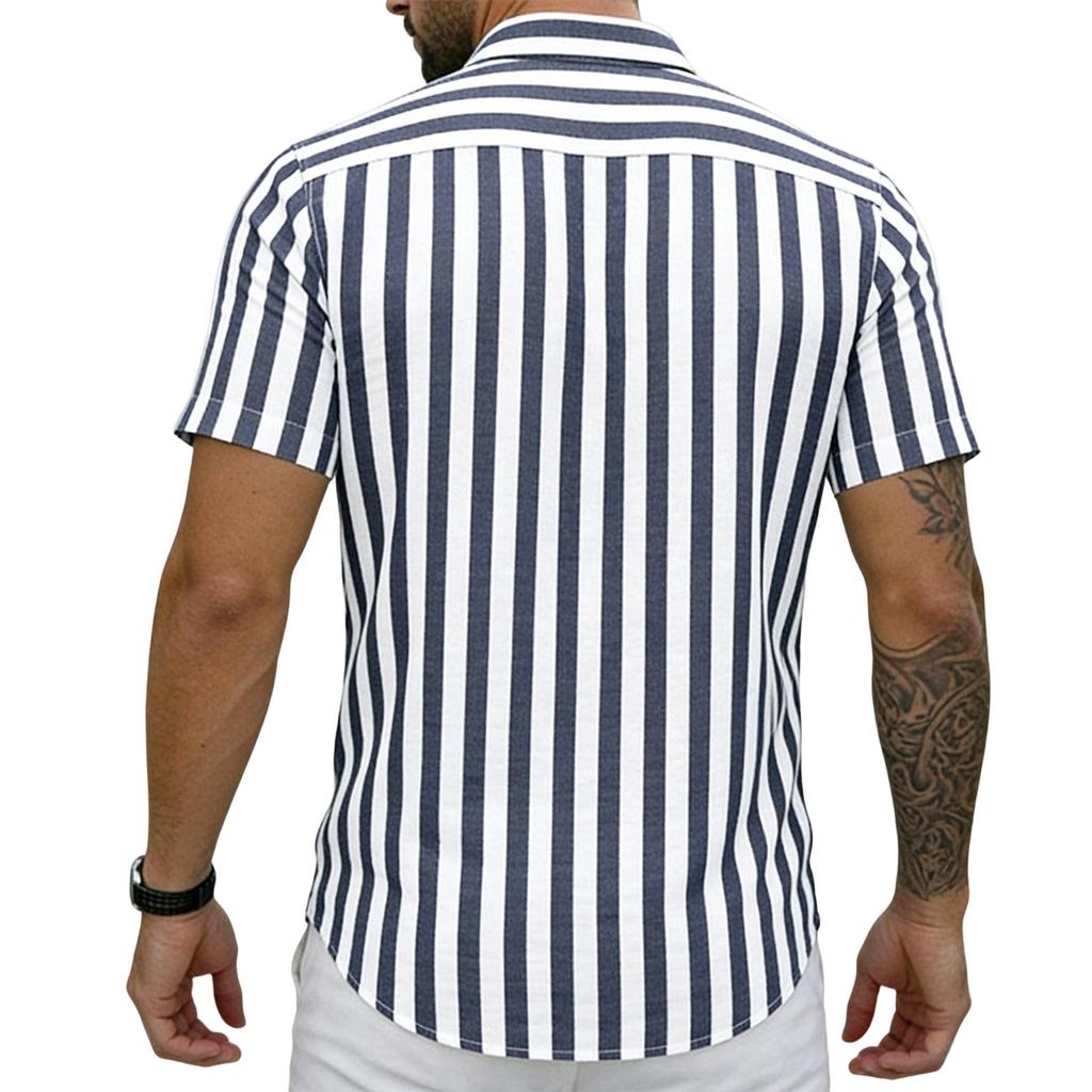 Men's Linen Short Sleeve Shirt Striped Button Down Casual Lightweight Breathable Open Front Collared Top for Summer Daily Wear