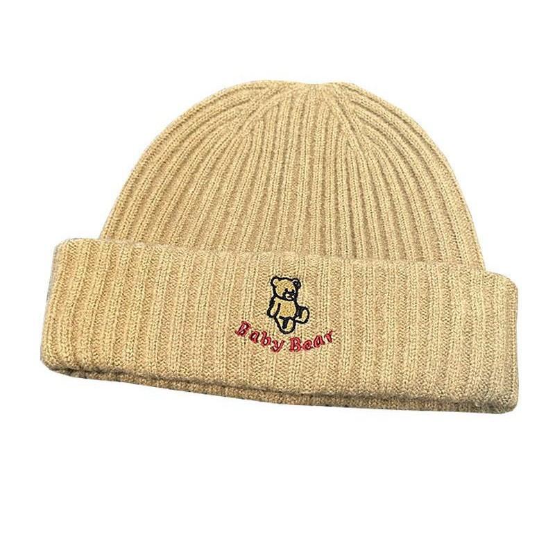 Autumn and Winter Warm and Thick Knitted Hat for Women Cute Bear Letter Embroidered Pullover Hat Versatile for Street Youth