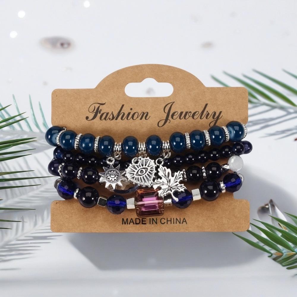 Bohemian Beaded Bracelet Set with Hollow Heart and Leaf Pendants