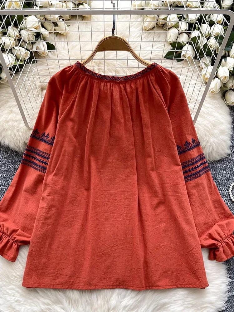 Women's Spring Autumn Shirt New Retro Bohemian Embroidered Lace Up Lantern Long Sleeves Blouse Top