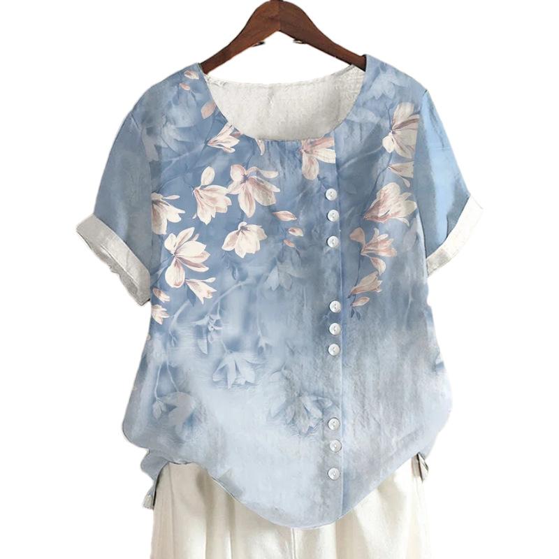 Summer Retro Fashion Printed Loose Casual Shirt Top, Suitable for Casual or Vacation Ladies  Beachwear S