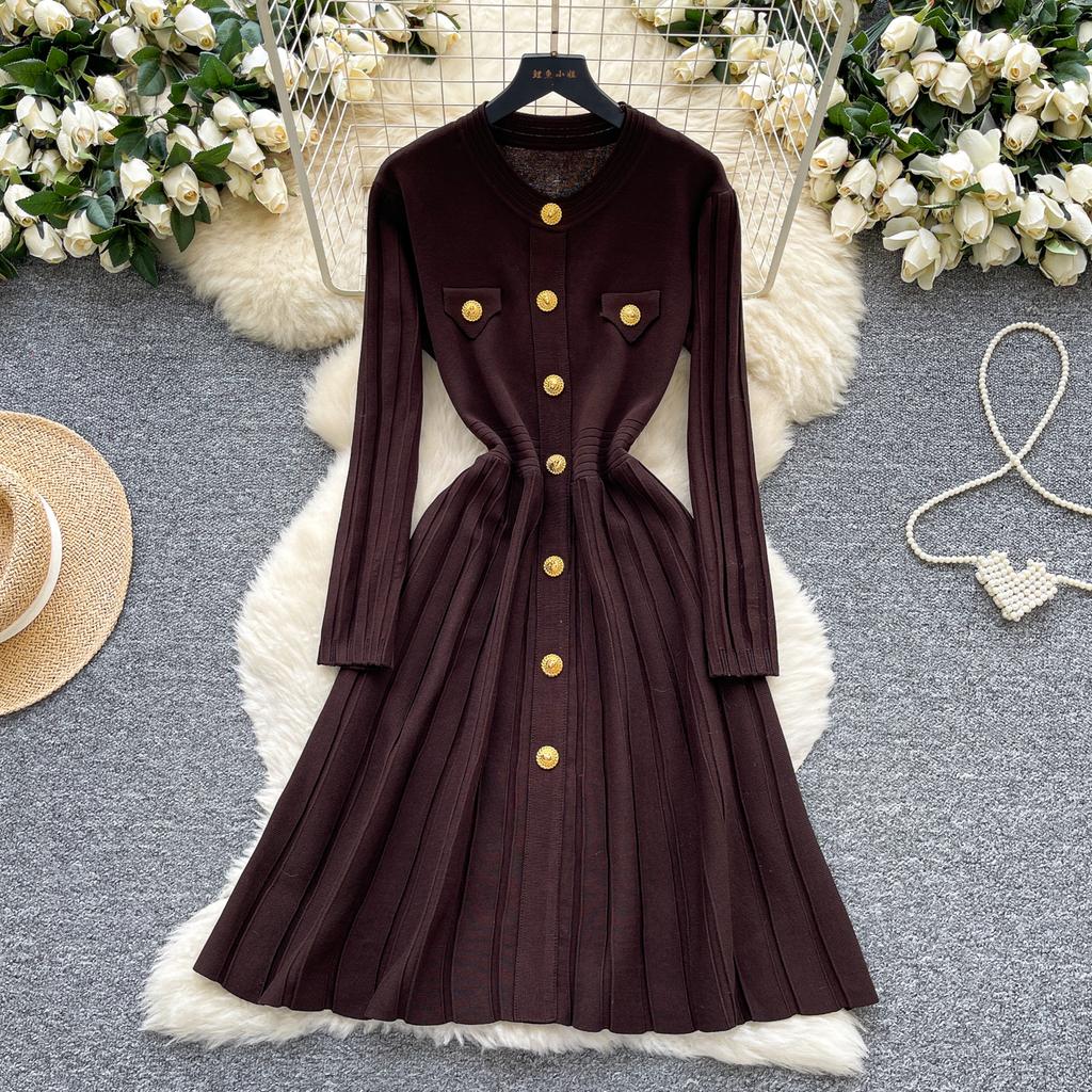 Autumn Winter High Waist Knitted Umbrella A-line Dresses 2025 New Buttons O-neck Long Sleeve Loose Sweater Dress Female
