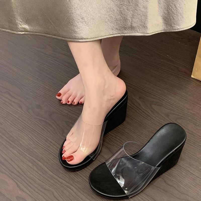 Fashion PVC Transparen Wedges Heel Women's Slipper Summer Open Toe High Heels Banquet Party Slide Shoes
