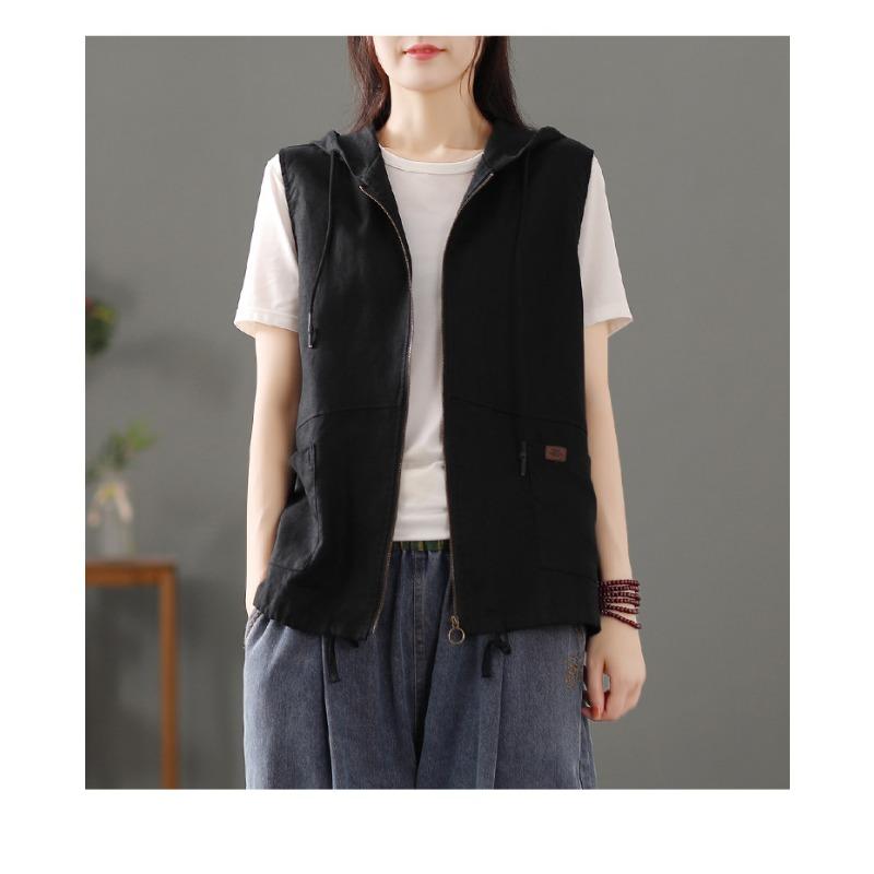 Women S Casual Linen Blend Hooded Sleeveless Zip Up Vest