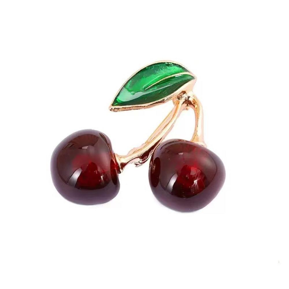Dark Red Cherry Brooches for Women Clothing Cute Crystal Fruit Enamel Pins Party Jewelry Gifts