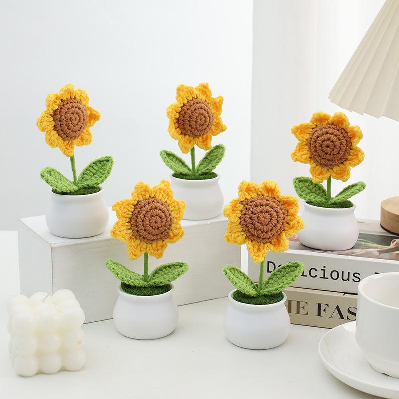 Handmade Crochet Sunflowers Potted Stuffed Plants Finished Woven Bouquet Home Desktop Decor Christmas Graduation Gifts