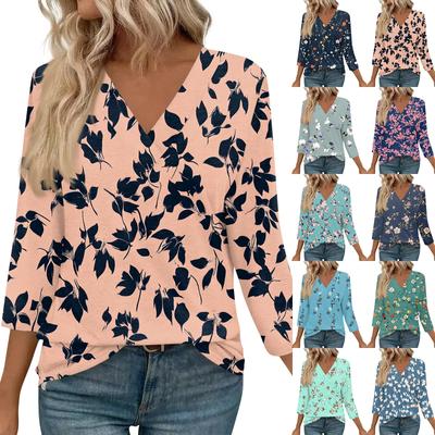3/4 Length Sleeve Womens Tops V Neck Casual Tunic Tops Basic Shirts Loose Fit Blouse
