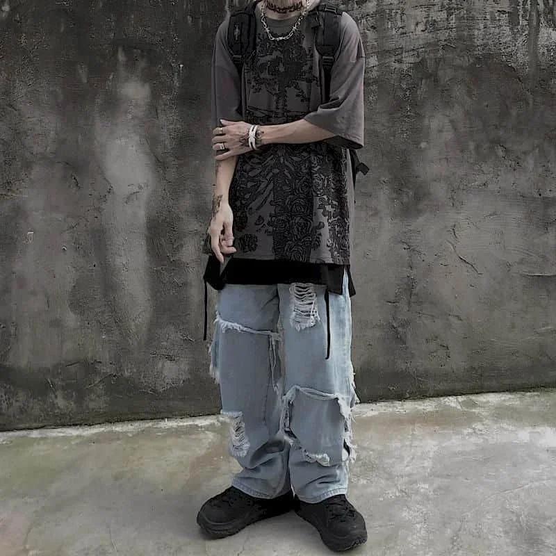 Pánske tričká Letné Streetwear High Street Gothic Skull Tričko Voľné Oversized Tričko s krátkym rukávom Tmavé Anime Pánske Y2k Top