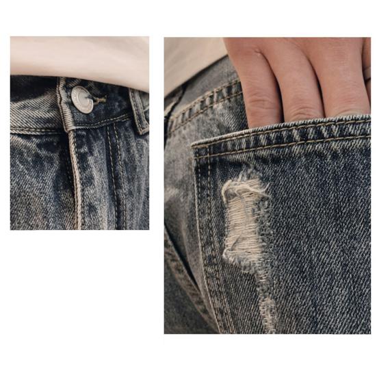 Sommer Ripped Holes Denim Shorts Mittelhohe Taschen Reißverschluss Knopfleiste Gerades Bein Knielange Herren Kurze Jeans Streetwear
