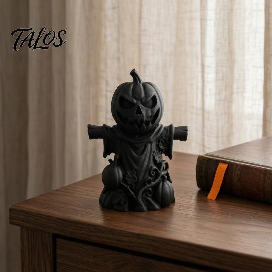 Handcrafted Carved Pumpkin 3D Printed Scarecrow Figurine, Matte Black Halloween Tabletop Atmospheric Party Ornament Decor for Shelf Window Office,