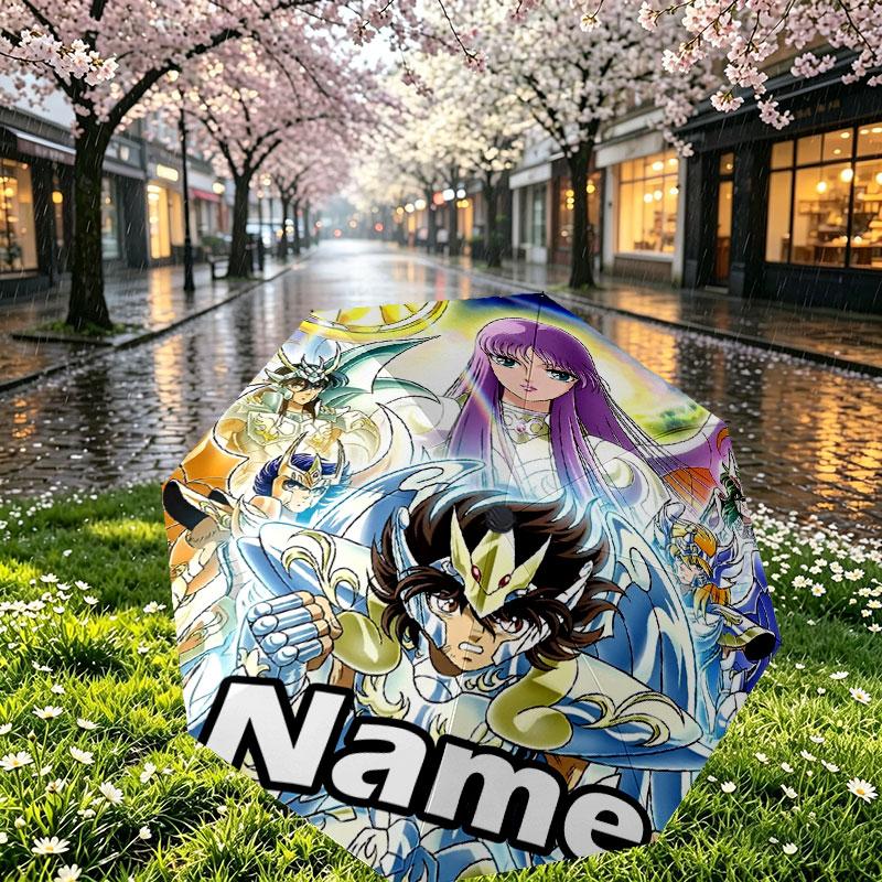 Custom Name Personalized Saint Seiya Print Umbrella, Auto Open Close, 8‑Rib Sturdy Frame, Commute Camping Hiking Use, Birthday Gift
