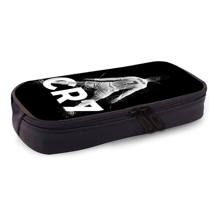 Black Football Star CR7 Pattern Pencil Bag with Zipper Canvas Fabric Stationery Organizer for Schools and Offices