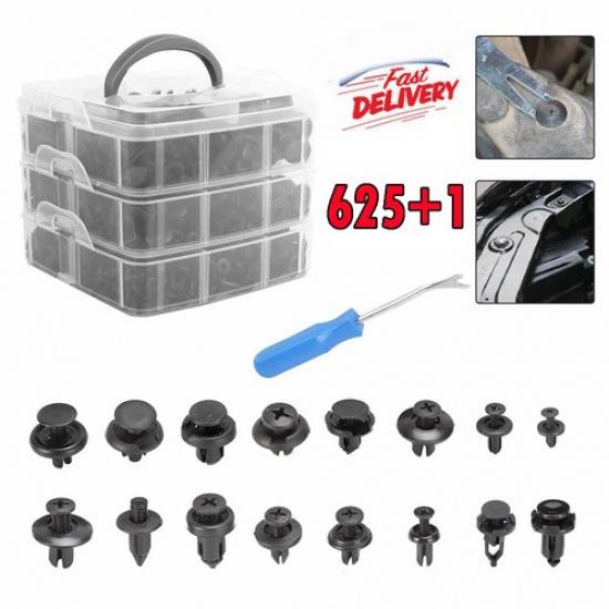625pc Plastic Rivets Fastener Car Bumper Fender Door Push Pin Clip Remover Tool