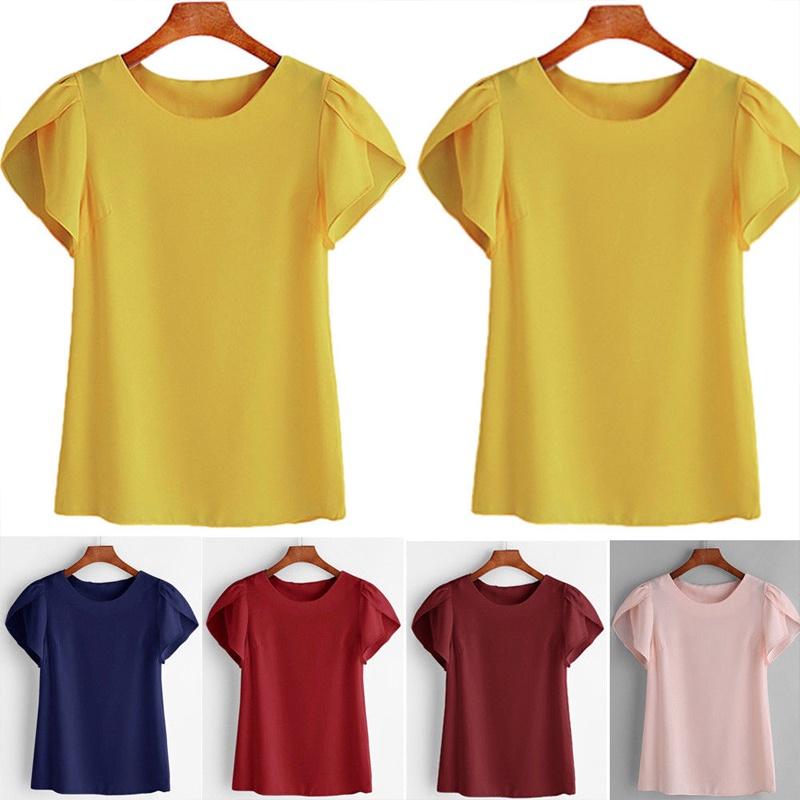 Summer Women Lotus Short Sleeve Blouse Tops Ladies Loose T Shirt Casual Top Tee