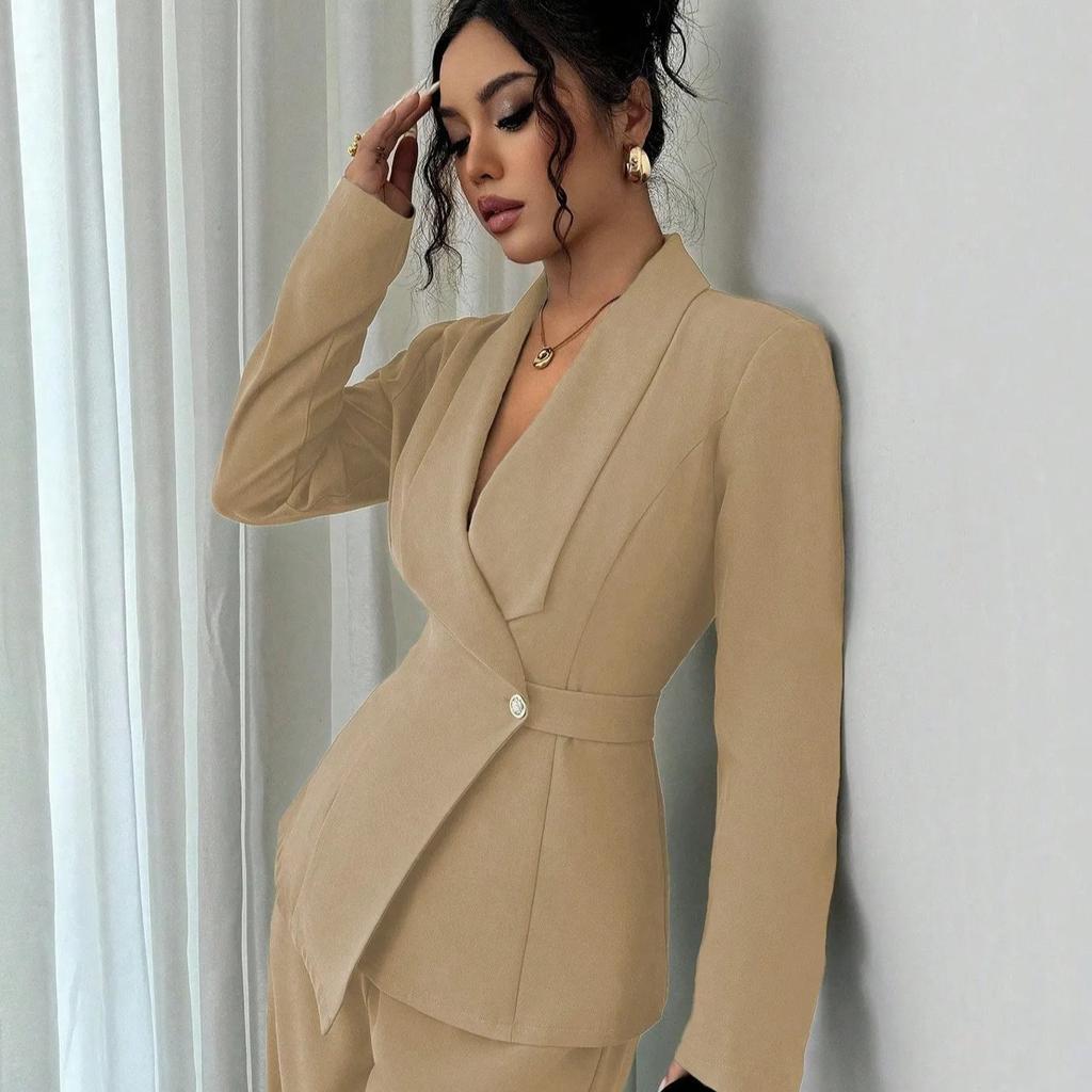 Spring and Autumn Fashion Temperament Casual Suit Women's Solid Color V-Neck Suit Wide Leg Pants Two-piece Set