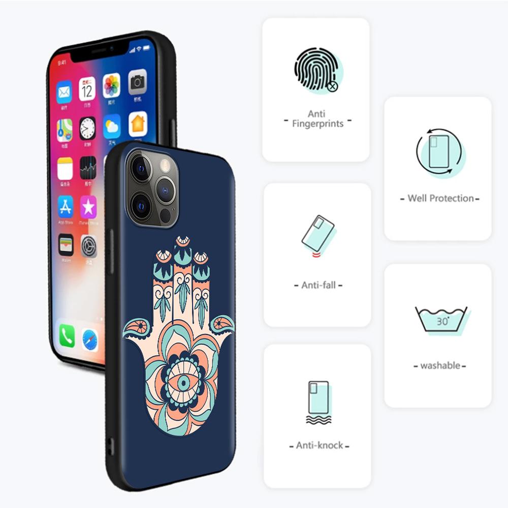 Handyhülle für iPhone 14 12 Mini 11 Pro X Xs Max Xr 8 7 6 6s Plus Schwarz TPU Fundas Capa Hamsa Hand Amulett Psychedelic Art