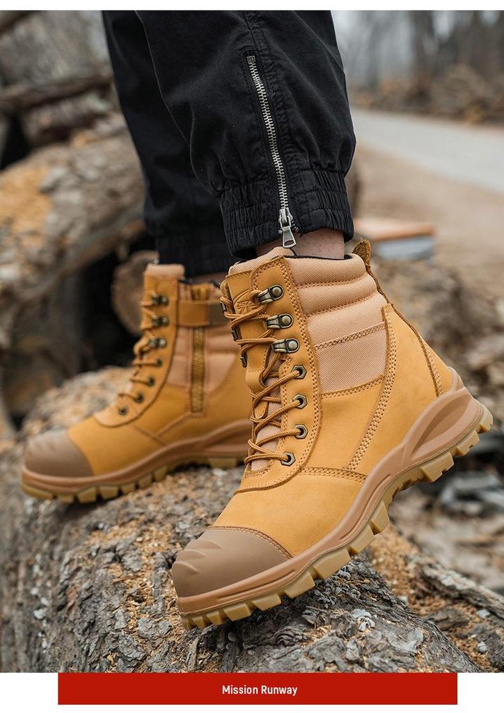 Men's High-Top Wheat Safety Shoes: European Standard, Anti-Smash, Anti-Pierce, Wear-Resistant, Durable Leather with Zipper Style.