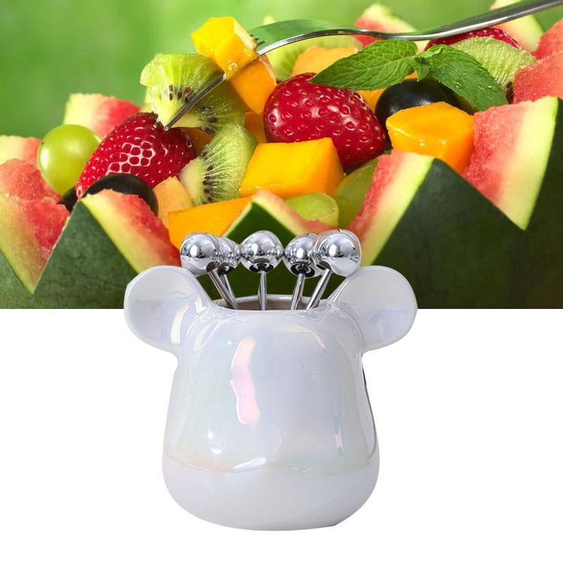 Fruit Fork Storage Jar Cute Animal Shape Ceramic Fork Holder Jar with 6 Stainless Steel Fruit Fork for Home Kitchen