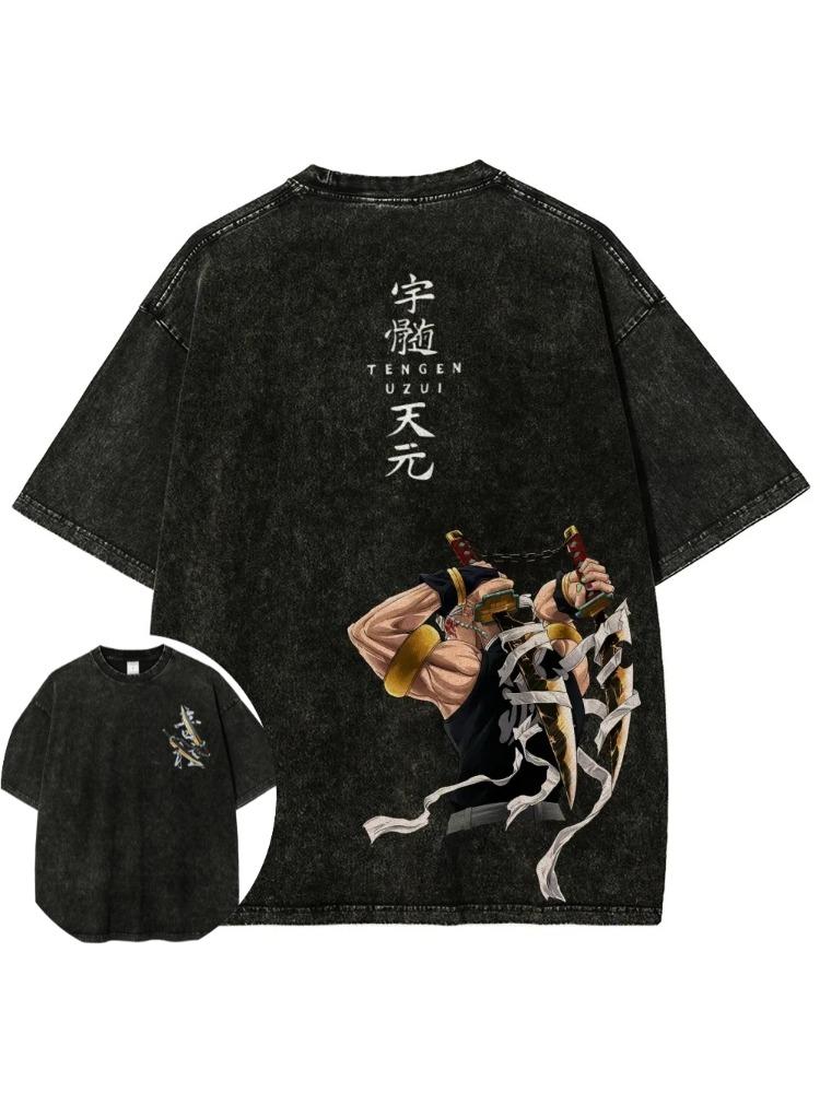 Demon Slayer Mens cotton Washed TShirt Tengen Uzui Summer new Anime Tee Retro Distressed Versatile Yk Short Sleeve XL