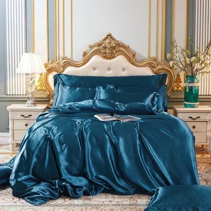Solid Color Luxury Imitation Silk Duvet Cover Set Soft Breathable Quilt Cover and Pillowcases Hotel Style Smooth Satin Bed Set