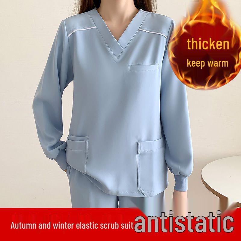 Fleece-Lined Stretch Scrub Suit: Long Sleeve, Quick-Drying for Men & Women, Ideal for Medical Staff In Autumn/Winter.