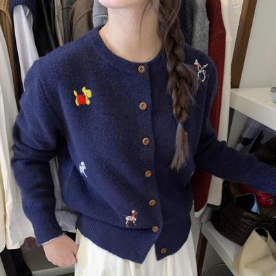 Korean Style Blue Embroidery Knit Cardigan: Women's Autumn/Winter Loose Soft Coat