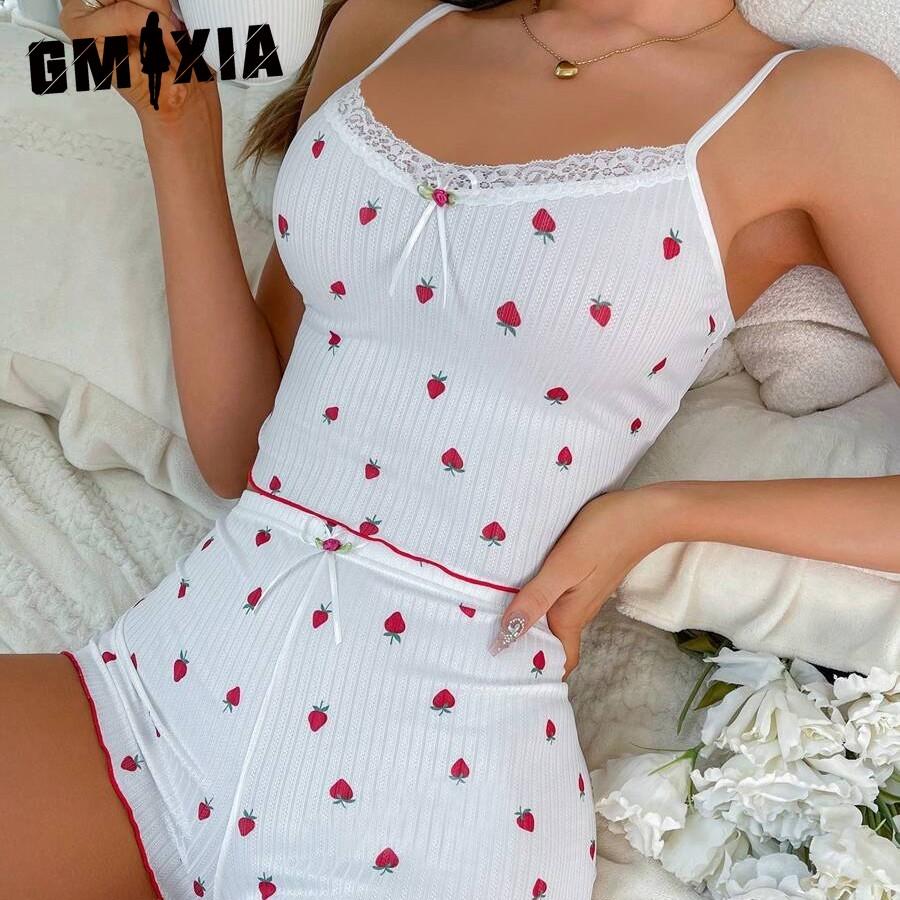 GMXIA Pajamas Pit Stripe Homewear Ladies Bow Lace Edge Sexy Suspenders Shorts Two-piece Set