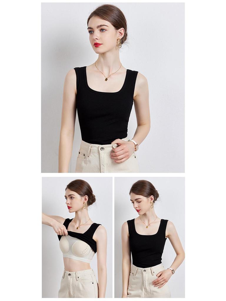 Silk Spaghetti Strap Vest with Padded Cups, Latex Chest Pads, Square Neckline; Women's Innerwear/Outerwear, Covers Side Fat