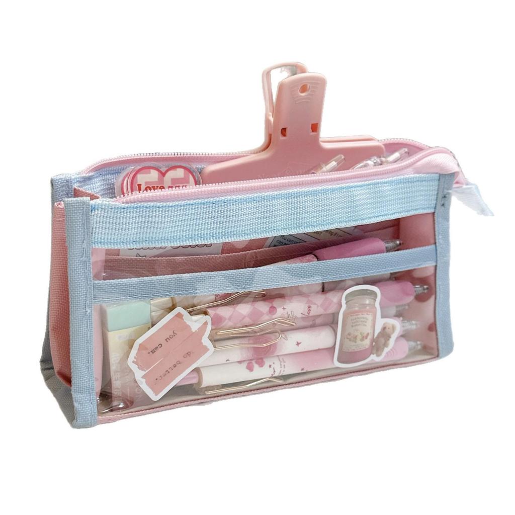Dopamine Color Block Transparent Pencil Case: Multi-Layer Patchwork Design for Students