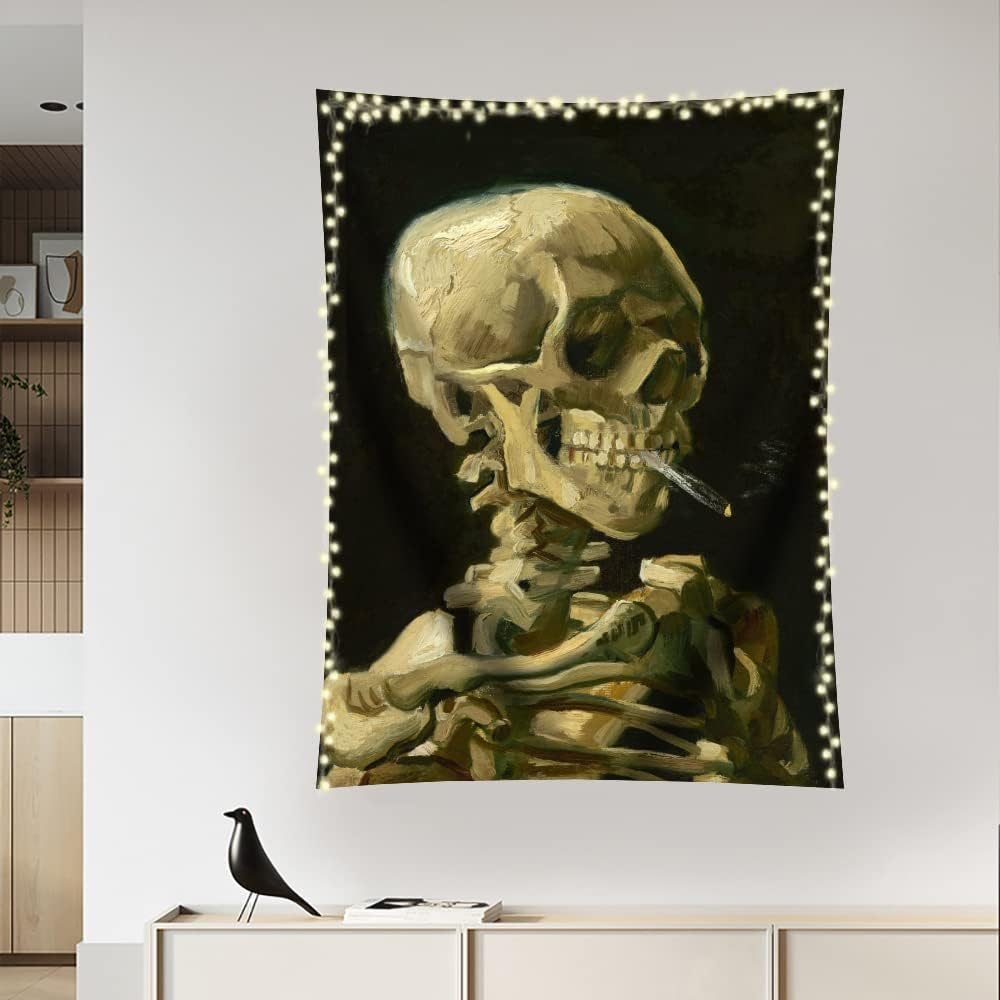 Tapestry Wall Hanging Art Home Decor,Skull of a Skeleton with Burning Cigarette by Vincent Van Gogh Art Print Painting for