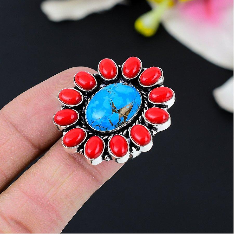 Copper Blue Turquoise, Coral 925 Sterling Silver Jewelry Ring Size 6.5 KG-140