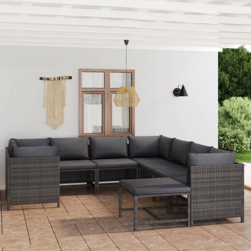Día y Noche - Día y Noche Set de muebles de jardín 9 pzas y cojines ratán sintético gris