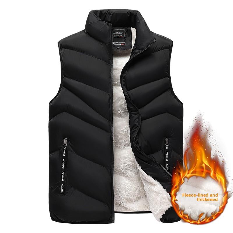 Plus Size Winter Fleece-Lined Thickened Vest for Men, Autumn and Winter Warm Outdoor Lamb Wool Vest with Stand Collar and Sleeveless Design