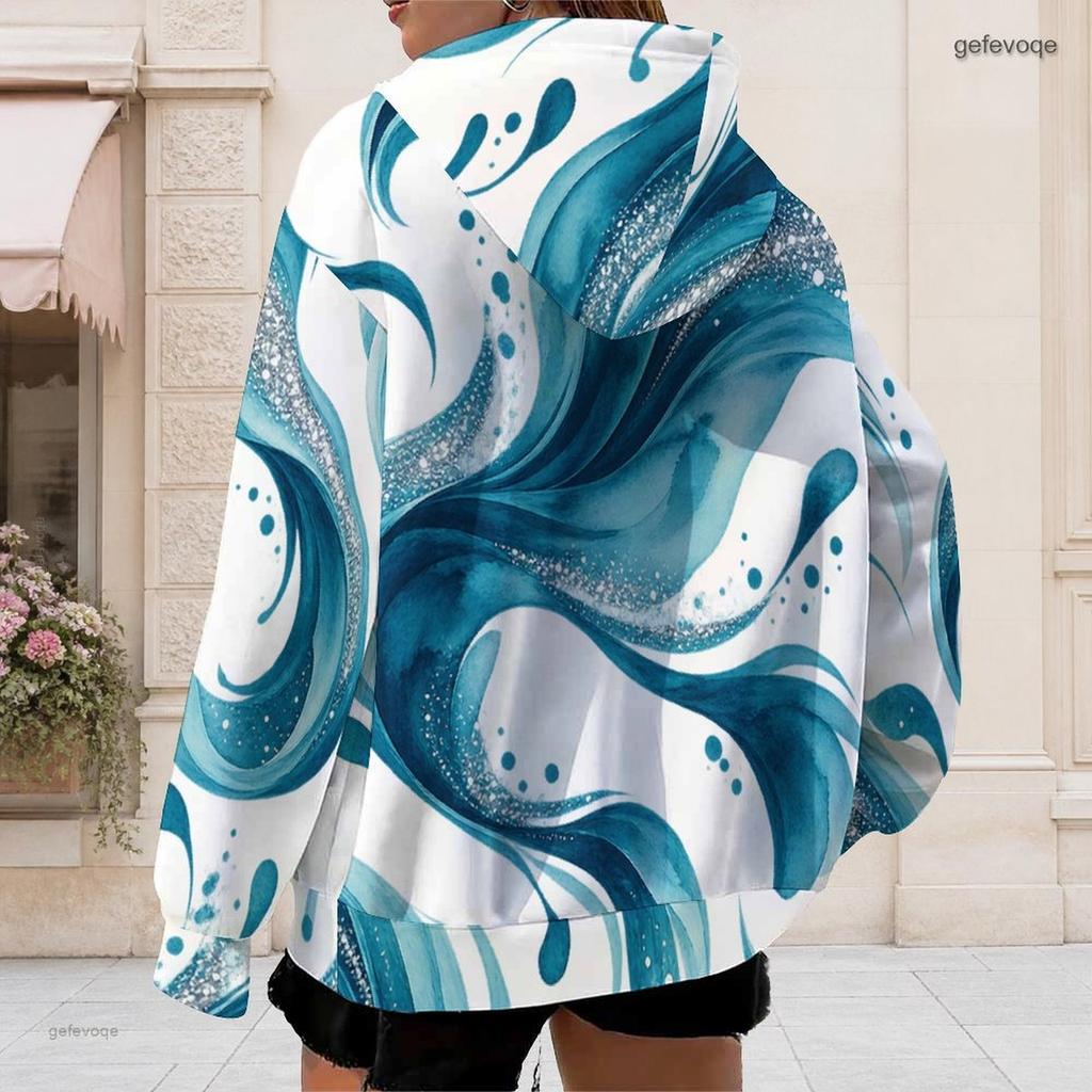 Women Plus Size Zip Up Hoodie Long Sleeve Drawstring Hood Blue White Tie Dye Print With Pockets
