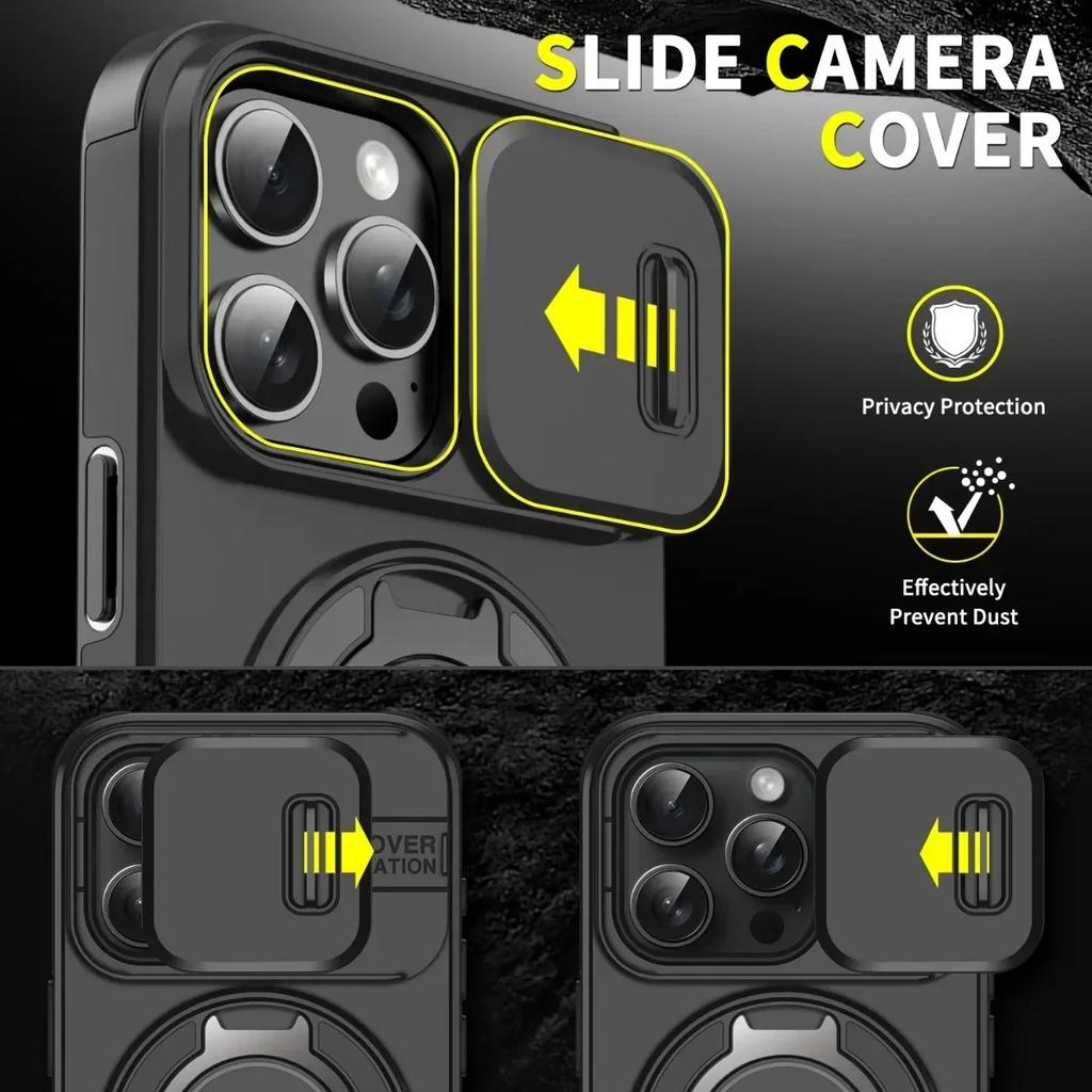 Armor Magnetic Ring Stand Holder Slide Window with Wrist Strap Phone Case for iPhone 16 15 13 12 11 14 Pro Max Plus Bumper Cover