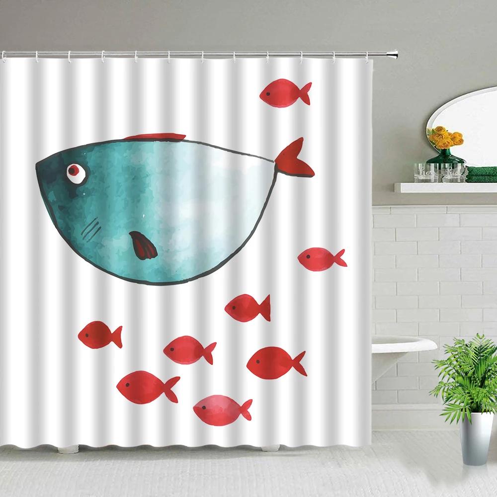 Cortinas de Chuveiro Peixe Tubarão Desenhos Coloridos Vida Marinha Banheiro Infantil Decoração de Casa Conjunto de Cortinas de Tecido Telas de Banho Impermeáveis