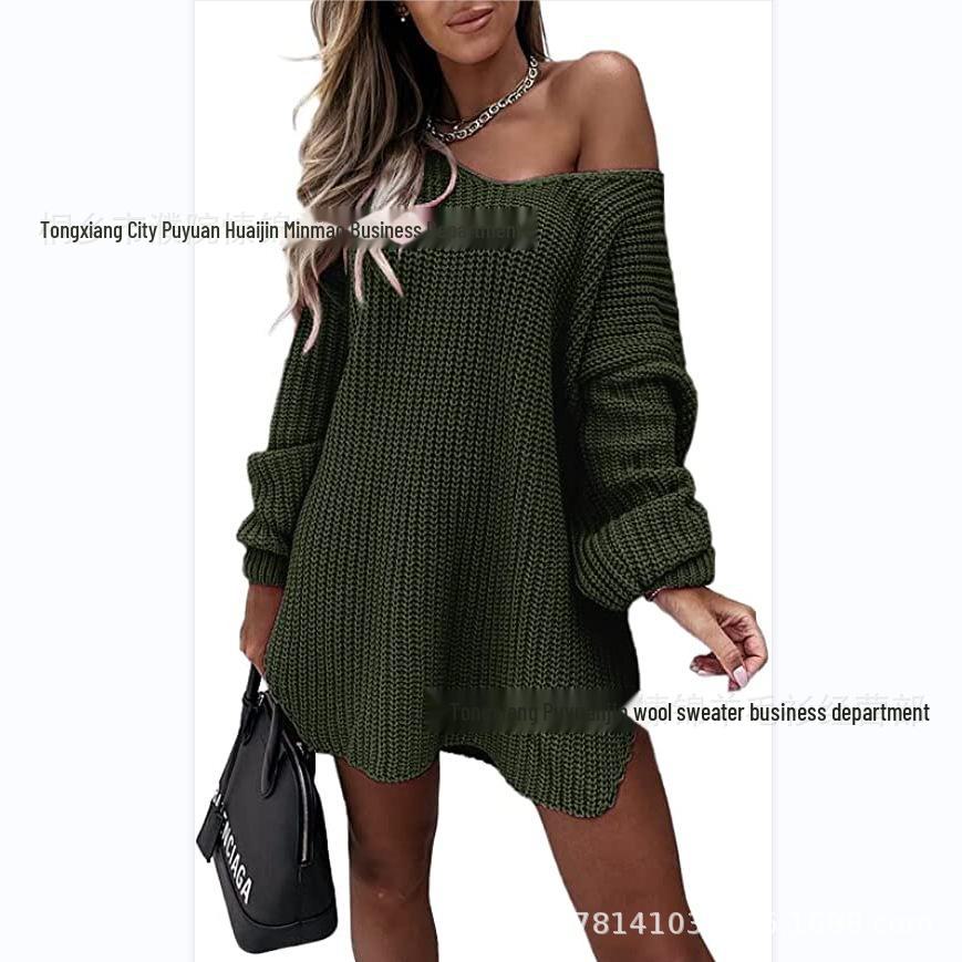 

Свитер средней длины с открытыми плечами, V-образным вырезом и разрезом снизу M