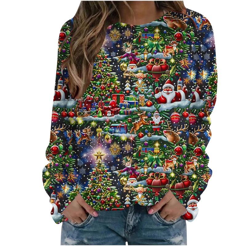 Christmas season women's 3D printed sweatshirt red Santa Claus pattern round neck pullover casual polyester daily wear